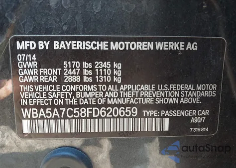 2015 BMW 528I xDrive from USA, damaged, VIN WBA5A7C58FD620659